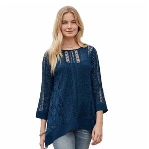 Sundance Sense of Style Sheer Lace Tunic Top Navy Blue — Size Medium